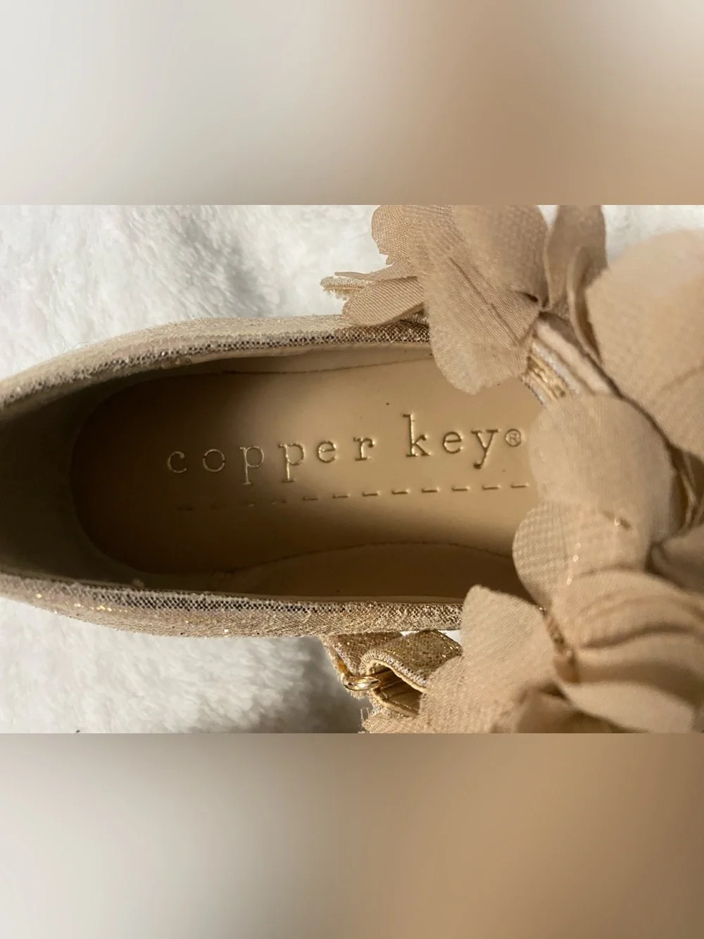 Copper Key Rose Gold Glitter Mary Jane Flats with Floral Strap